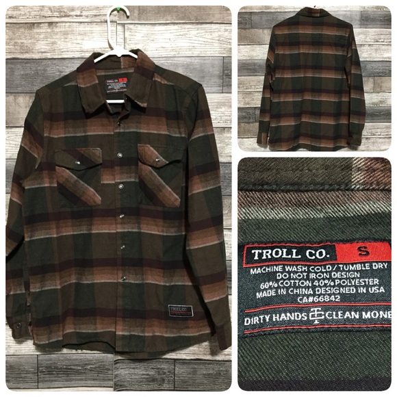 Troll Co Flannel Shirt Men’s S Green Brown Plaid Snap Button Up Cotton Blend - Picture 1 of 10